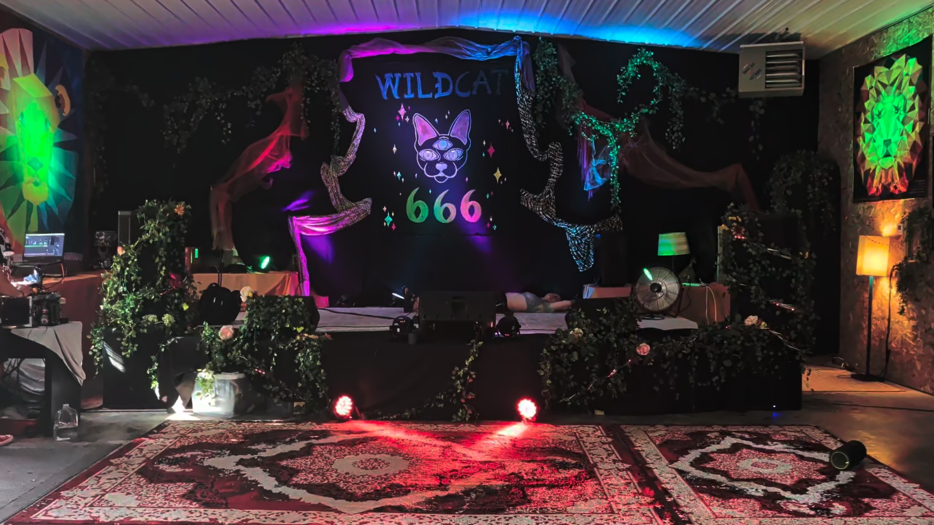 The stage in the garage-turned-living-room space